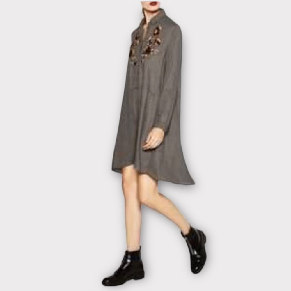 Zara Dark Gray Long Sleeve Floral Button Down Embroidered Tunic Dress Size XS